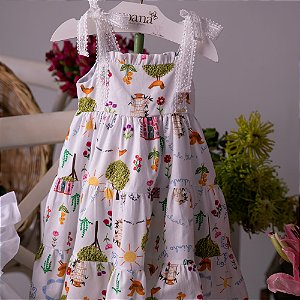 Vestido Infantil Casinha Encantada com Alça de Renda e Saia Três Marias Estampado Roana