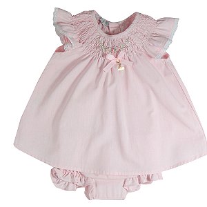 Vestido Infantil com Calcinha Bordado com Manga de Rendinha Candy Color Rosa Roana