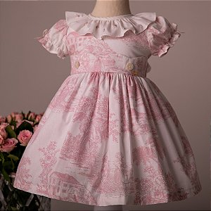 Vestido Infantil Festa Toile du Jouy Casinhas Rosa Estampado Roana