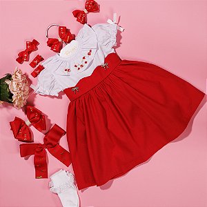 Vestido Infantil Festa Bordado a Mao Gola e Botao de Lacinho Natal Quebra Nozes Vermelho Roana