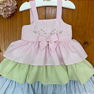 Vestido Infantil Bordado Babados Candy Color Colorido Roana.