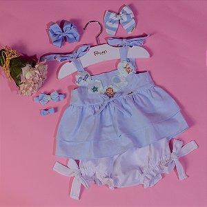 Conjunto Bata com Culote ou Short Infantil Fundo do Mar com Gola Bordada Roana