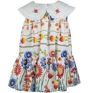 Vestido Infantil Gola Boneca Bordada Florido Estampado Roana