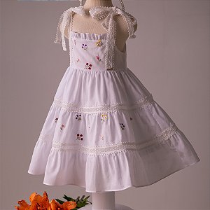 Vestido Infantil Mini Flores Bordado Branco Roana