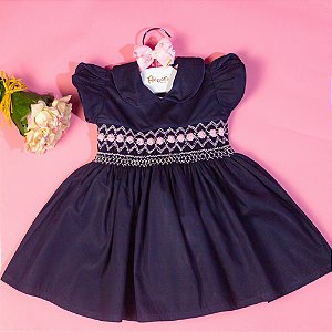 Vestido Infantil Clássico Bordado a Mao Doce Menina Marinho Ahoara