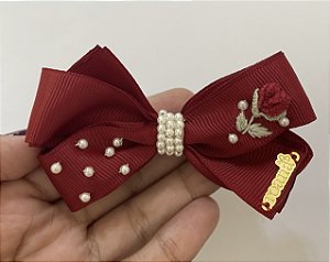 Laço Infantil Medio Bordado de Rosa Roana