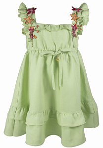 Vestido Infantil com Bordado Aplicado Verde Roana
