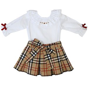 Conjunto de Saia Infantil de Prega com Laço e Blusa Manga Longa Estilo Burberrry Xadrez Roana
