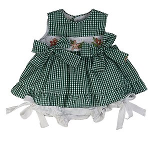 Conjunto Infantil Bata com Culote ou Short  Bordada com Lacinhos Meu Jardim Xadrez Verde Roana