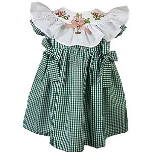 Vestido Infantil Gola Bordada com Lacinhos Meu Jardim Xadrez Verde Roana