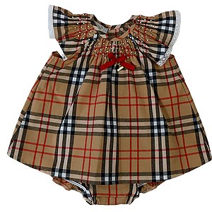 Vestido Infantil com Calcinha com Pérolas e Laço Clássico Estilo Burberrry Xadrez Roana