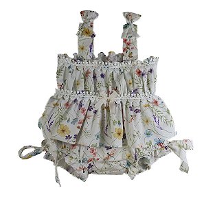 Conjunto Infantil Bata com Culote ou Short com Alcinhas com Lacinhos e Rendas Flores no Jardim Estampado Roana