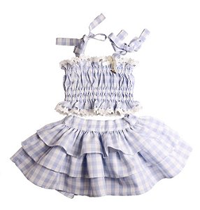 Conjunto Infantil Cropped com Saia Gracioso Xadrez Azul Roana
