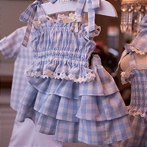 Conjunto Infantil Cropped com Saia Gracioso Xadrez Azul Roana