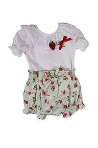 Conjunto Infantil Body com Culote Doce Moranguinho Estampado Verde Roana