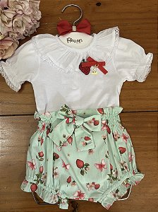 Conjunto Infantil Body com Culote Doce Moranguinho Estampado Verde Roana