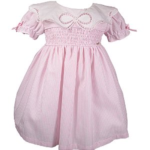 Vestido Infantil Gola Laço Rechilieu Listrado Rosa Roana
