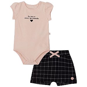 Conjunto Body E Short Xadrez Preto Rosa Nini E Bambini