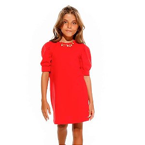 Vestido De Malha Com Manga Bufante Vermelho E Colar De Frutas Luluzinha