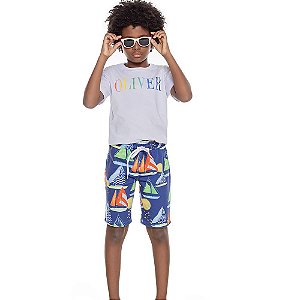 Conjunto T-Shirt Estampa Lettering E Bermuda Moletinho Est Barcos Azul Oliver