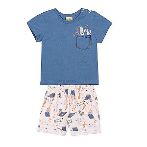 Conjunto Camiseta Azul  Short Estampas Ferramentas- Jaca Lelé