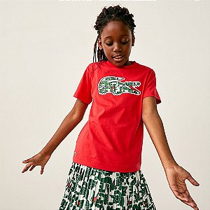 Camiseta Infantil Em Algodão Com Estampa De Crocodilo Vermelho Lacoste