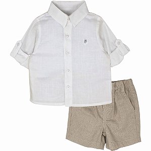 Conjunto Batizado Camisa Na Cor Branco E Bermuda De Linho- Bibe