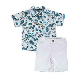 Conjunto Masc Camisa C/ Botões Bermuda Sarja Branca 01 - Anjos Baby