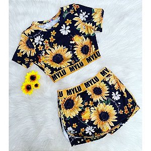 Conjunto Fem Cropped E Short Estampas Girassóis Mylu