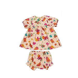 Vestido Bebê Com Calcinha Estampa Quebra-Cabeça Petit Chuá