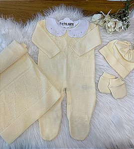 Kit Saída Maternidade Fem Tricot Amarelo C/ Gola Bordada 4Pç - Gold Baby
