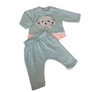 Conjunto Fem Casaco E Calça Verde Estampa Cachorrinha- Jaca Lelé