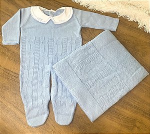 Saída Maternidade Tricot Masc c/ Gola Azul Claro- Tam Único - Baby Gold