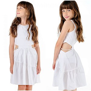 Vestido Infantil Babado Assimétrico e Detalhe em Pérolas Off White- Luluzinha