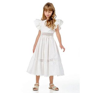 Vestido Infantil de Tricoline Midi com Entremeios Off White- Luluzinha