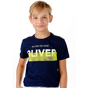 T-Shirt de Malha Masc Azul Marinho com Silk Lettering - Oliver