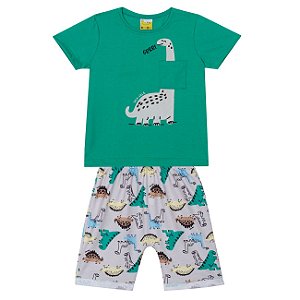 Conjunto Masc Camiseta Verdec/ Bolso e Short  Dinossauros- Jaca Lelé