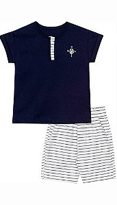 Conjunto Masc Camiseta Azul Marinho e Bermuda Listrada- Nini e Bambini