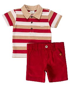 Conjunto Masc Camiseta Polo Listrada e Bermuda Sarja Vermelho - Anjos Baby