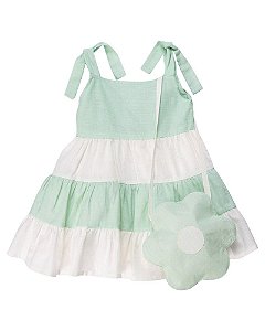 Vestido Maquinetado Verde e Branco com Bolsa de Flor - Anjos Baby