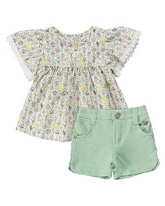 Conjunto Fem Bata Estampada Flores e Short Moletinho Verde - Anjos Baby