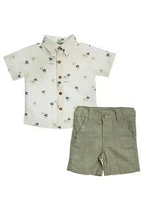 Conjunto Masc Camisa Estampa Coqueiros e Bermuda Sarjinha Verde - Anjos Baby