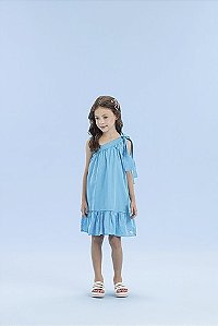 Vestido de Tricoline Azul com Laço no Ombro - Málagah