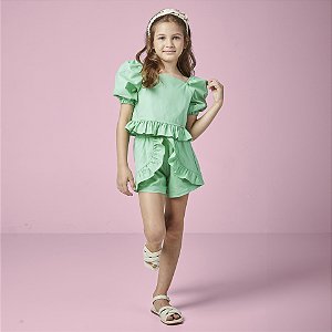 Conjunto Fem Blusa de Botões e Short com Babados Verde - Luluzinha