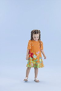 Vestido de Viscose Laranja estampado com Flores/Corações - Málagah