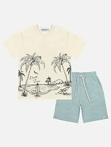 Conjunto Masc Camiseta Off White Coqueiros e Bermuda Azul - Divertto