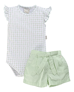Conjunto Fem Body C/ Short Xadrez Verde e Laço M - Anjos Baby