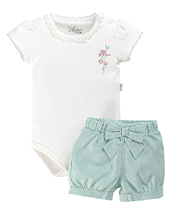 Conjunto Fem Body Bordado e Short Azul c/ Laço P - Anjos Baby