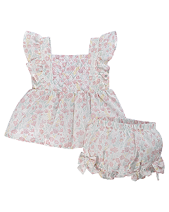 Conjunto Fem Bata Florida e Babado e Cobre Fralda C/ Lacinhos P - Anjos Baby