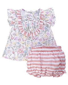 Conjunto Fem Bata Florida c/ Tapa Fralda Listrado P - Anjos Baby